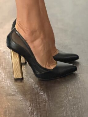Italian Black Leather Heels with Gold Heel